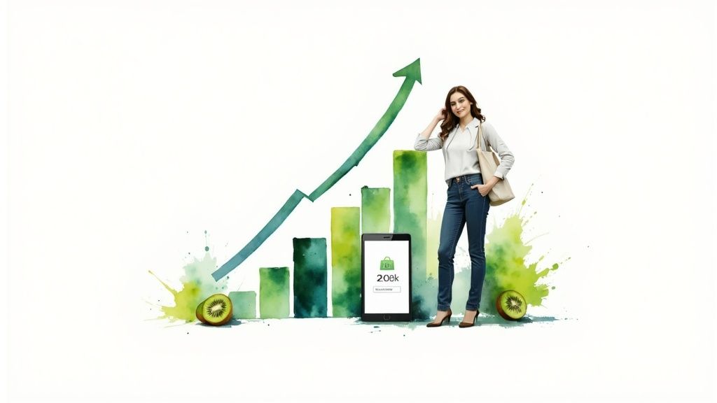 Smiling woman by an upward trending green bar graph, tablet, and kiwis.