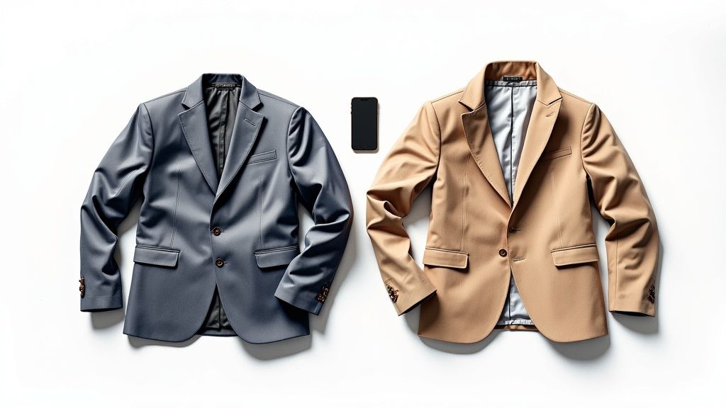 Two smartphones side-by-side, one showing an iOS interface and the other an Android interface, illustrating the native vs hybrid app choice.