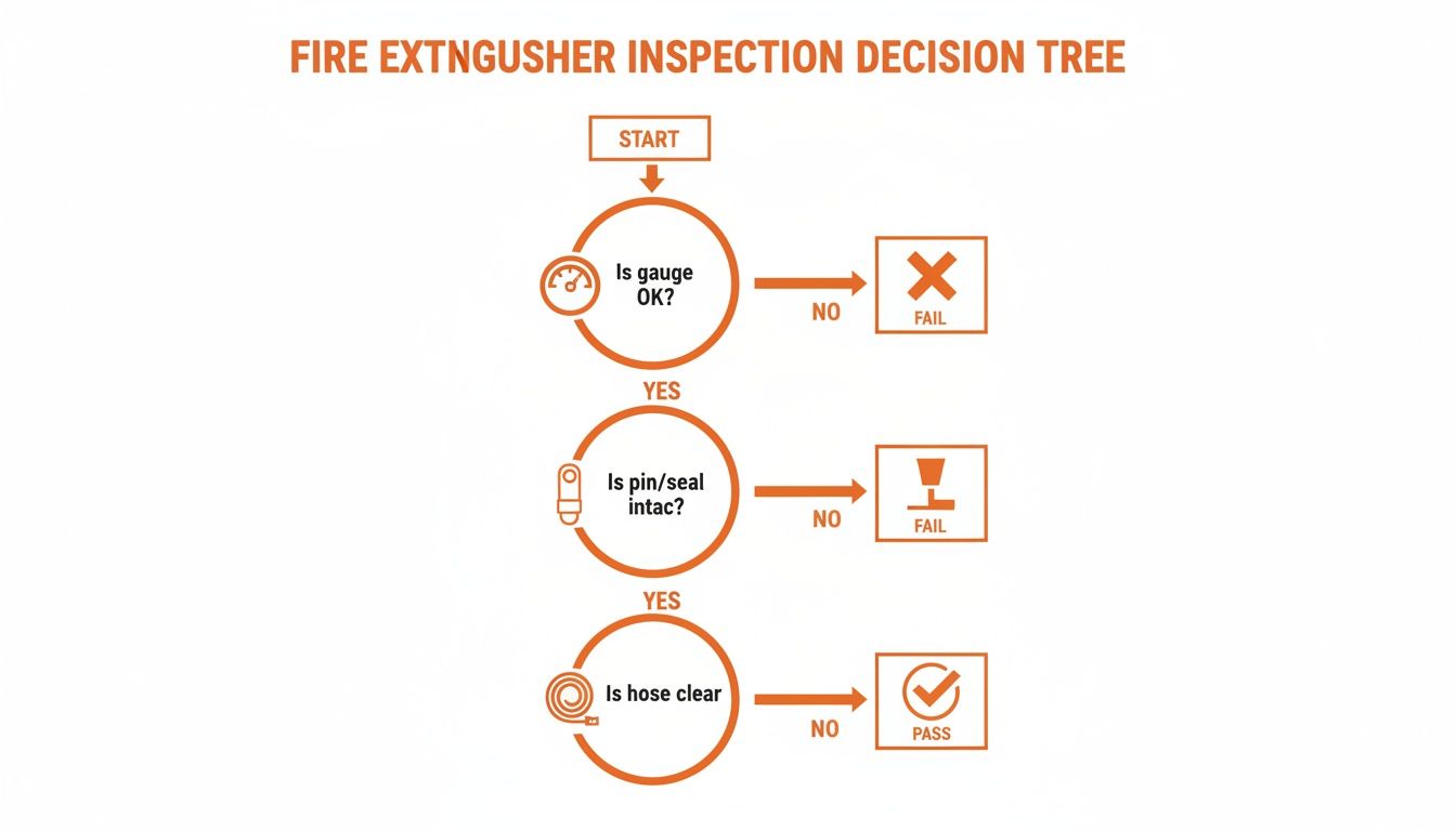 A fire extinguisher inspection decision tree flowchart detailing steps for checking its readiness.