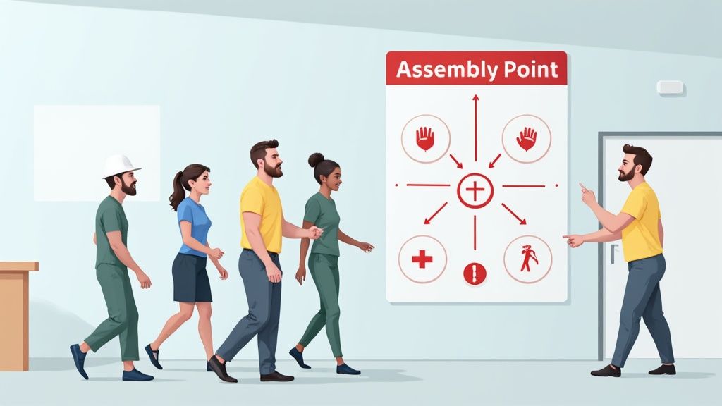 A clearly marked green emergency assembly point sign on a construction worksite.