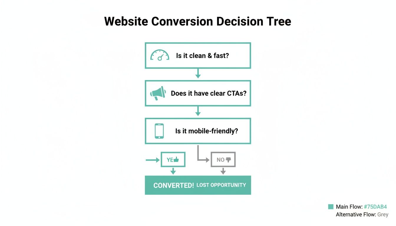 A flowchart titled 'Website Conversion Decision Tree' with steps for a successful website conversion.