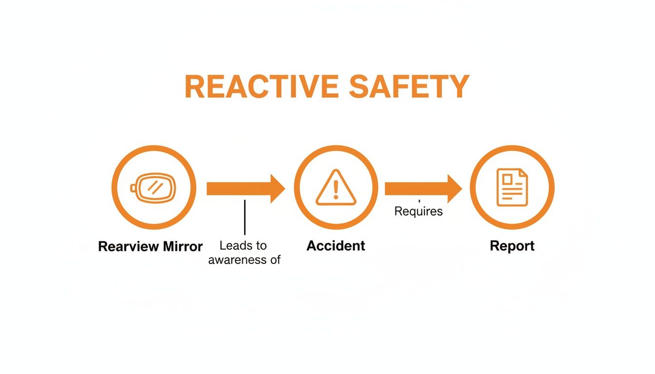 A diagram illustrates reactive safety, showing a rearview mirror leading to an accident, which requires a report.