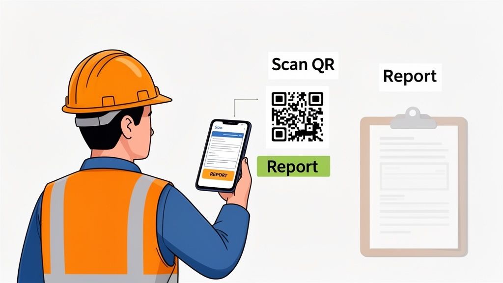 Construction worker in hard hat and safety vest uses smartphone to scan QR code and report.