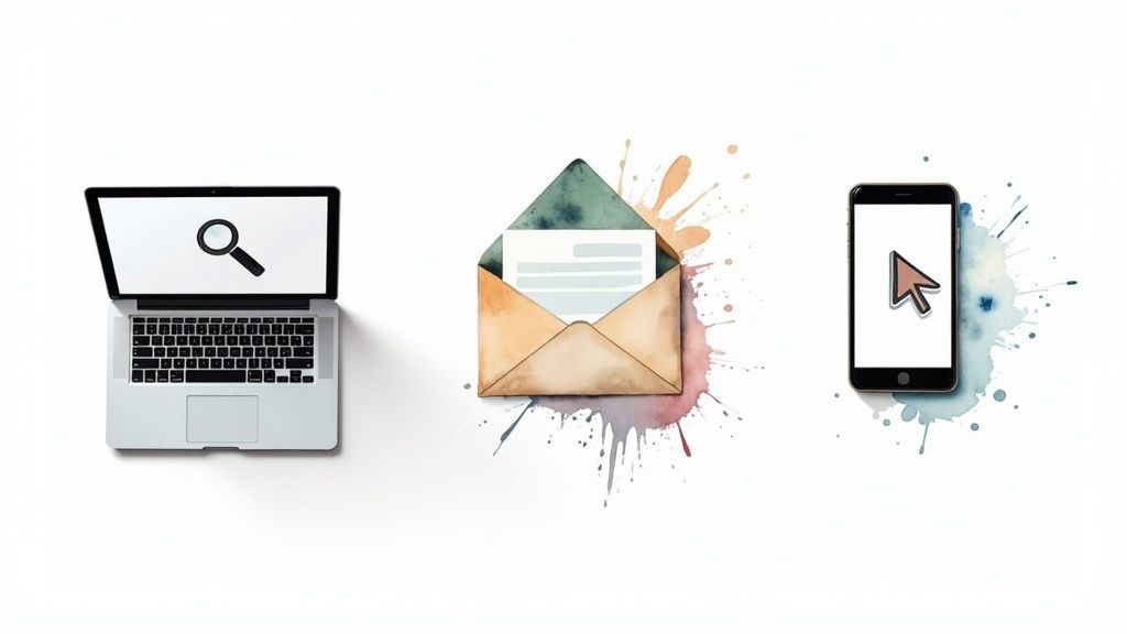 Digital marketing concept with a laptop showing a search icon, an open email, and a smartphone with a cursor.