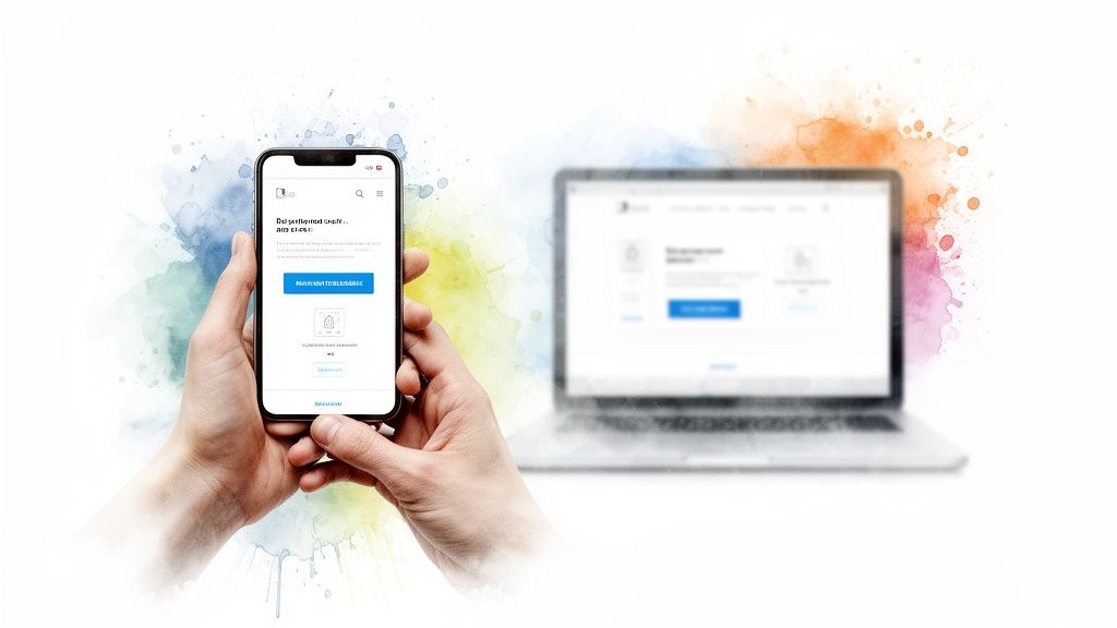 Hands hold a smartphone displaying an app, with a blurred laptop in the background, surrounded by colorful watercolor splashes.