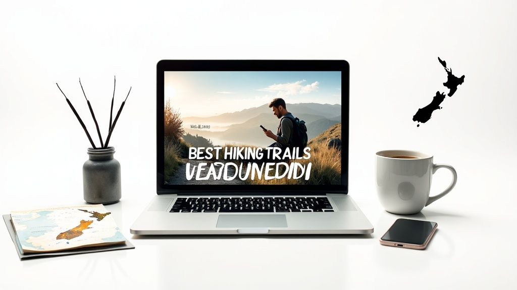 A person writing content on a laptop in a cafe, representing content creation for a Kiwi audience.