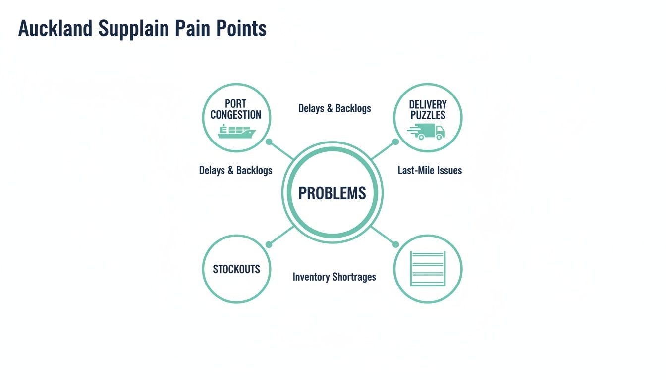 Diagram illustrating Auckland supply chain pain points including port congestion, delivery puzzles, stockouts, and inventory shortages.