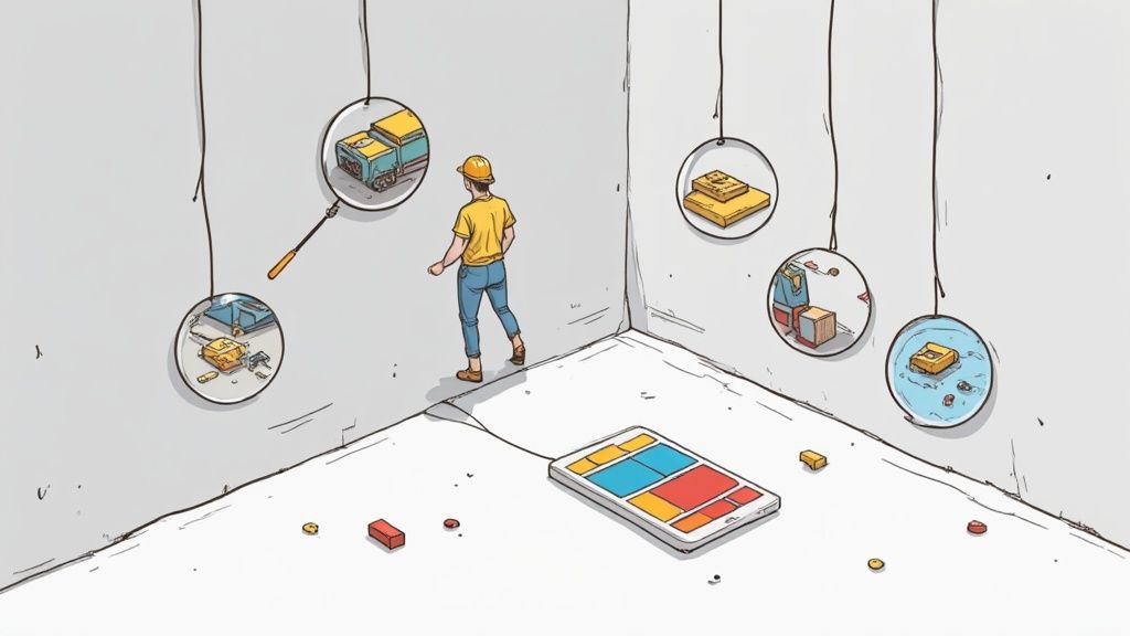 A person in a hard hat reviews a complex risk assessment process visualized with hanging circular elements.