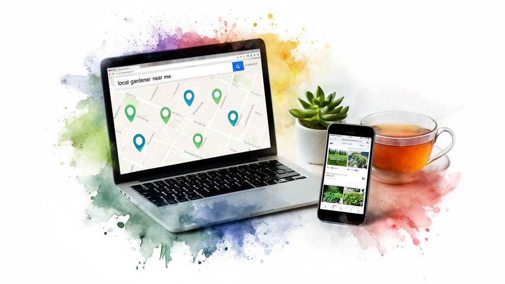 A laptop and smartphone displaying 'local gardener near me' search results and garden images.