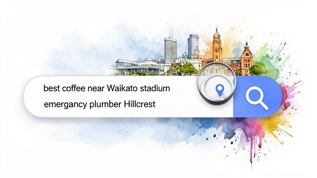 Digital search bar showing local queries for coffee and emergency plumbers over a watercolor cityscape.