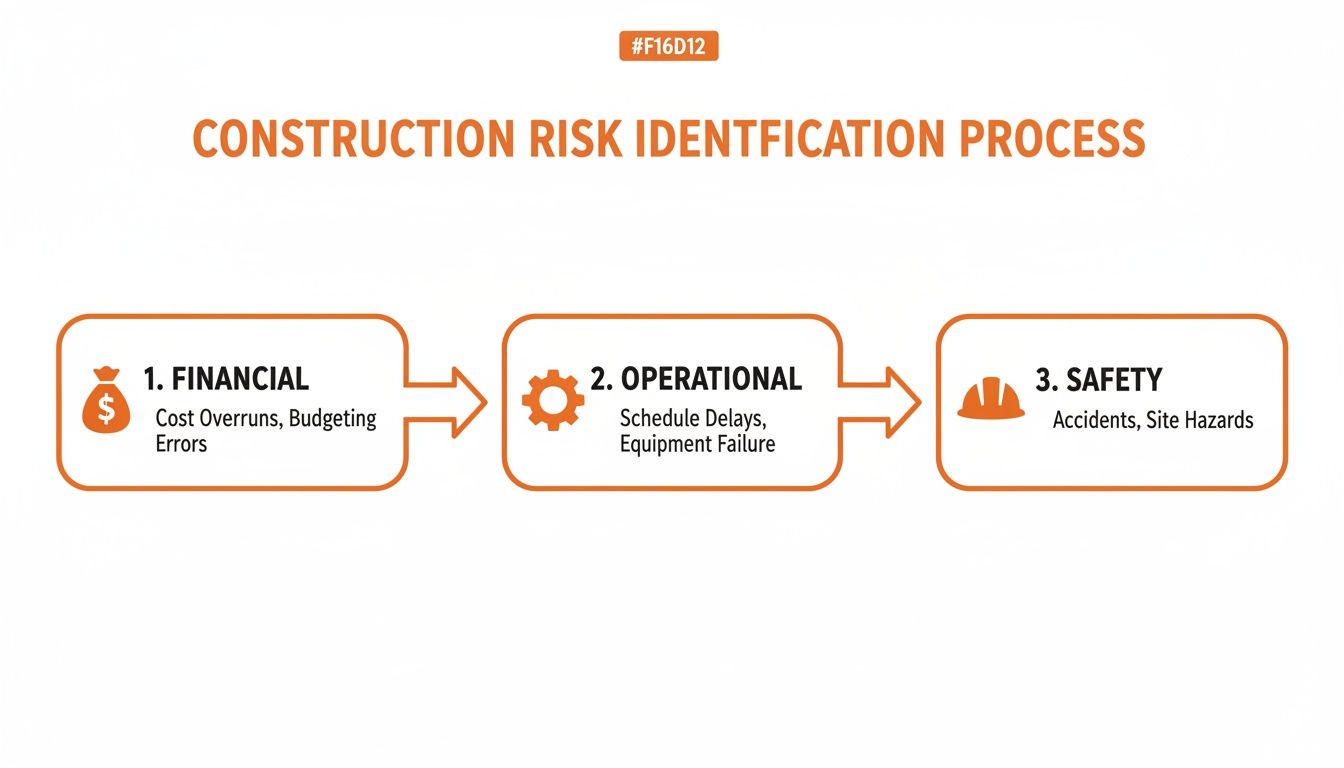 A diagram illustrating the construction risk identification process, outlining financial, operational, and safety risks.
