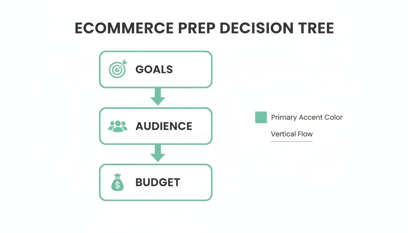 An ecommerce prep decision tree outlining key steps: goals, audience, and budget.