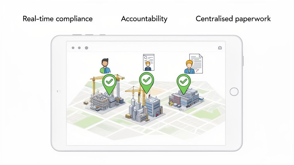 A tablet displays real-time compliance, accountability, and centralized paperwork across three construction sites with checkmarks.