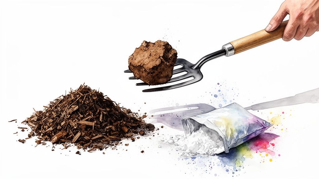 A garden fork holds a clod of soil above a pile of mulch and an open bag of white powder, illustrating soil preparation.