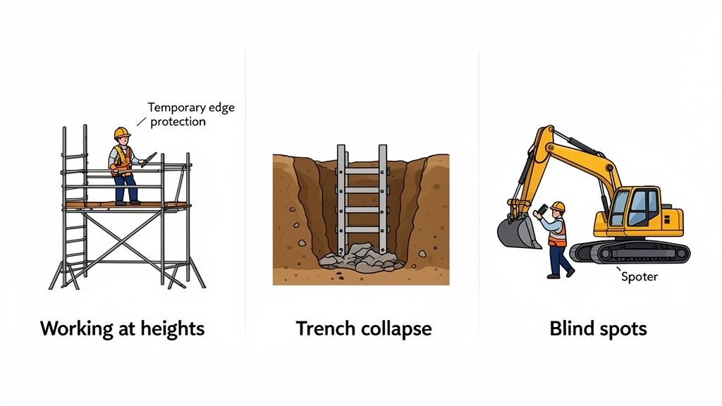 Illustrations showing construction safety hazards: working at heights, trench collapse, and blind spots.