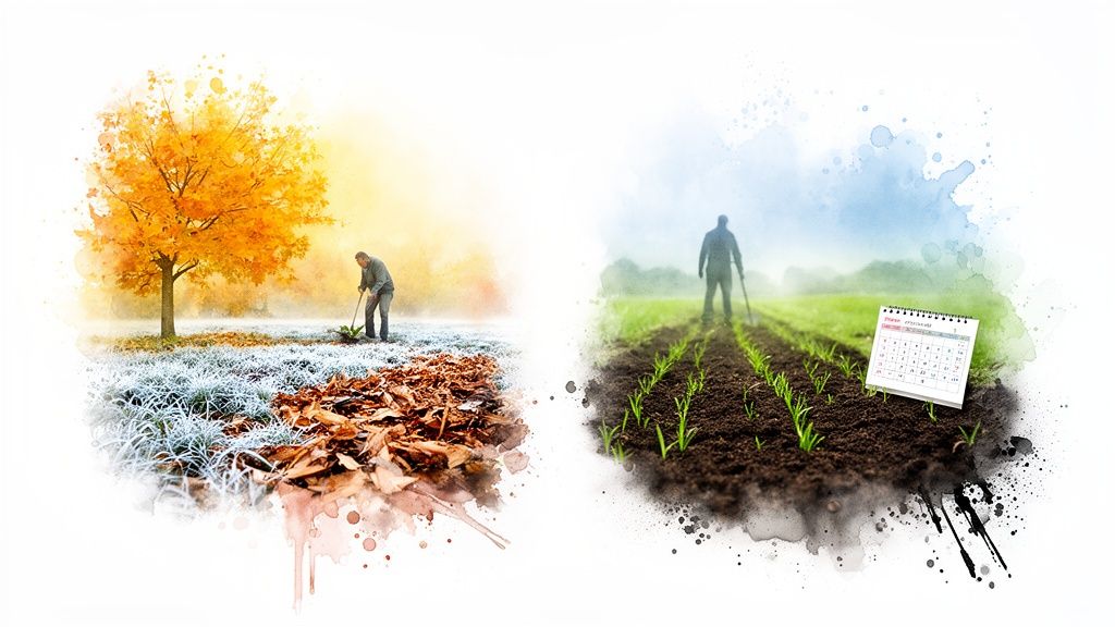 A split image showing autumn/winter garden work on the left and spring planting with a calendar on the right.