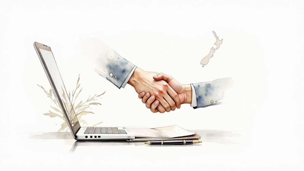Watercolor illustration of a business handshake above a laptop, documents, and New Zealand map.