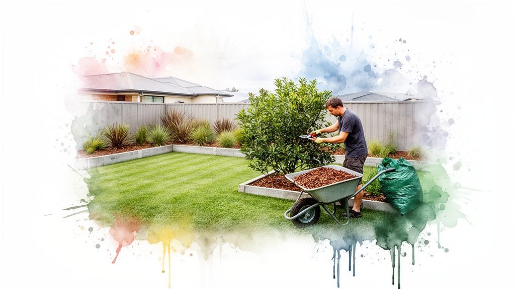 A man in gloves prunes a bush in a neat garden with a wheelbarrow of mulch and a green waste bag.