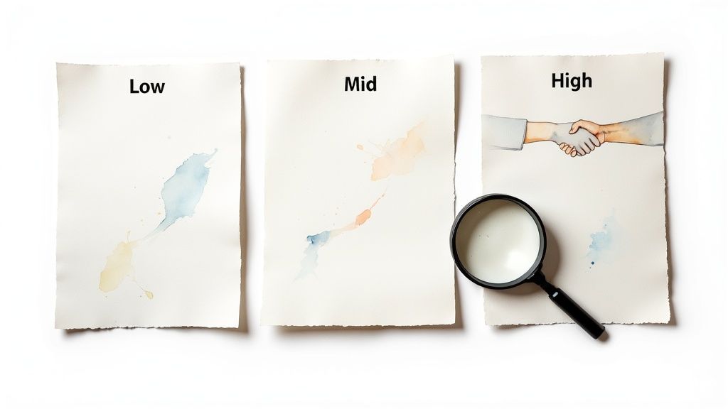 Three paper sheets showing low, mid, and high pricing tiers with magnifying glass emphasizing options