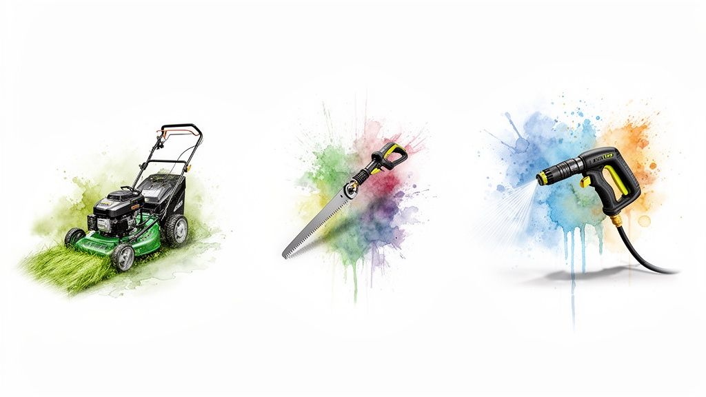 Lawnmower, pruning saw, and pressure washer represent essential garden maintenance tools.