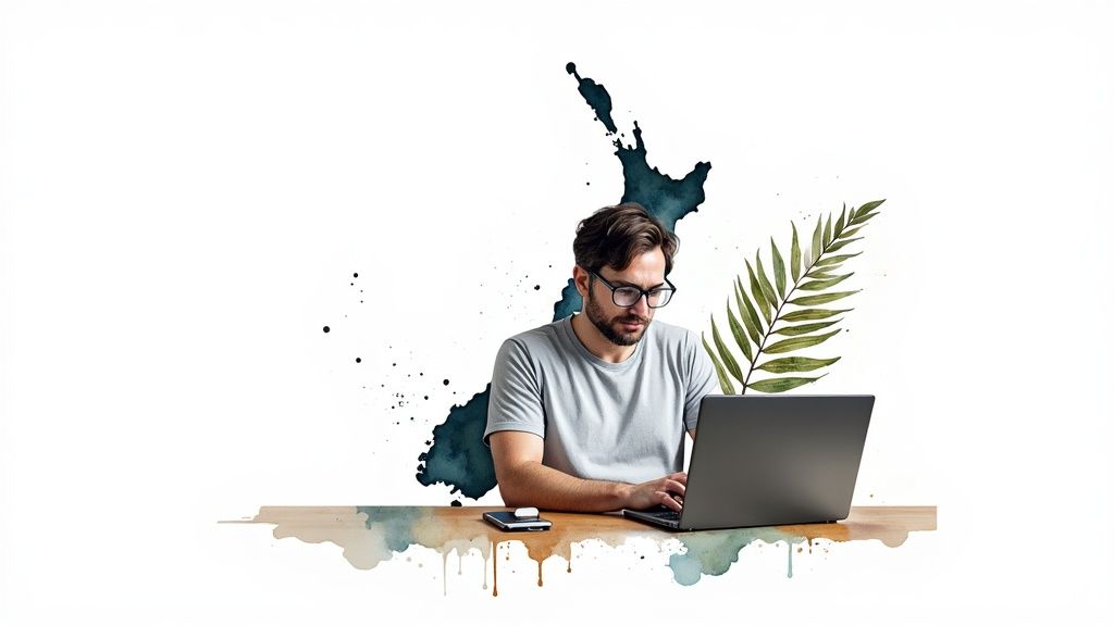 Man with glasses working on a laptop, watercolor New Zealand map and leaf in the background.