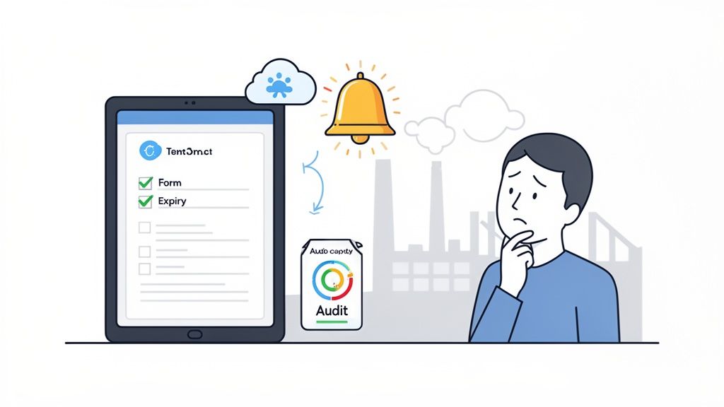 Digital compliance management with a tablet, notification bell, audit document, and a concerned person.