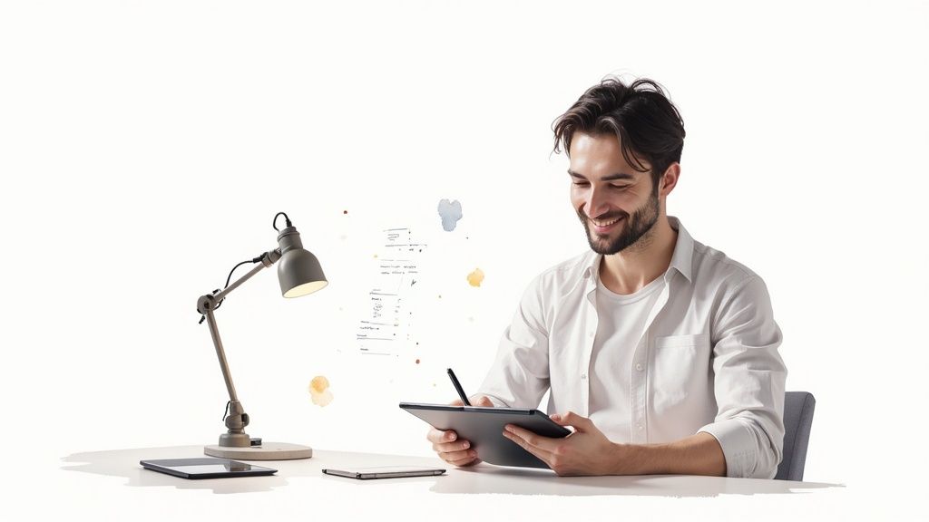Smiling man creating on a digital tablet with a stylus at a minimalist desk.