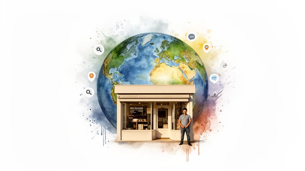 Watercolor illustration of a man outside a New Zealand shop, with the Earth and digital marketing icons.