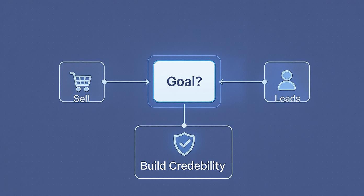 A diagram with a central 'Goal?' box connected to 'Sell', 'Leads', and 'Build Credibility'.