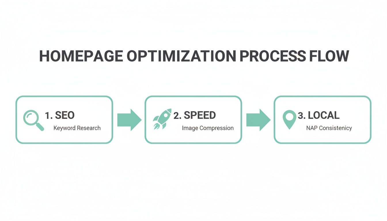 A flowchart outlining the homepage optimization process with steps for SEO, speed, and local optimization.