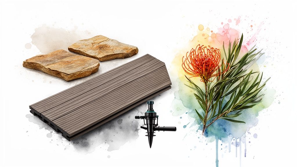 Landscape materials: natural stone pavers, composite decking, an irrigation sprinkler, and a vibrant protea flower.