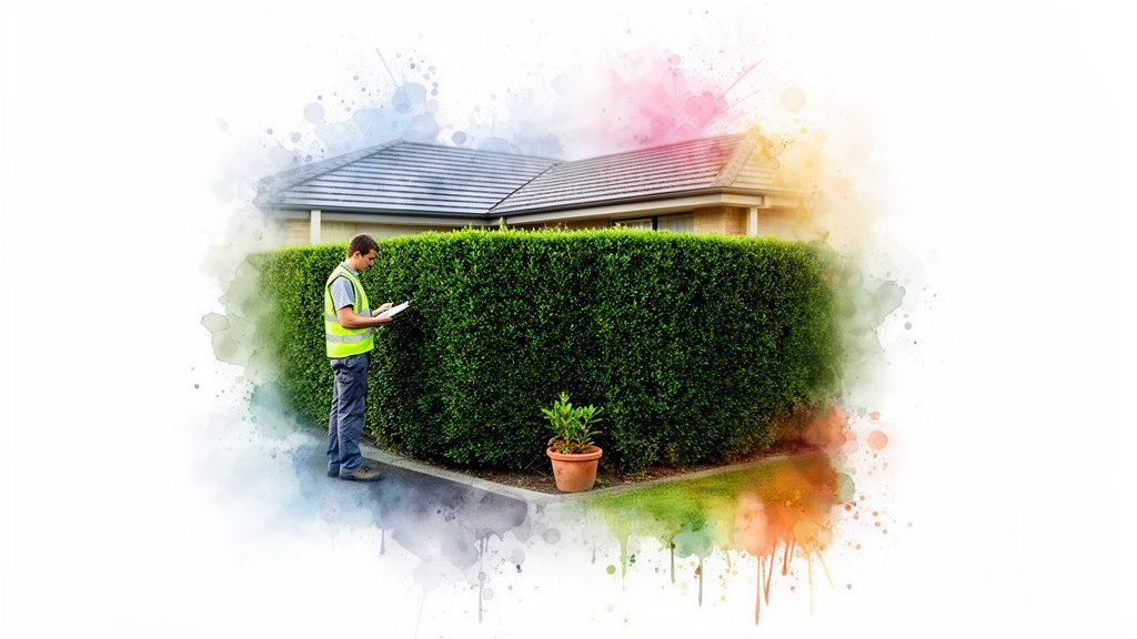 A man in a high-visibility vest inspects a well-maintained green hedge in front of a house.