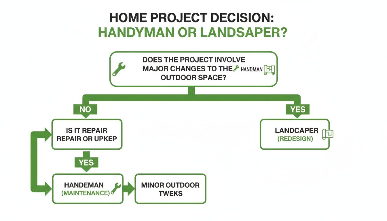 Flowchart guiding the decision between hiring a handyman or a landscaper for outdoor home projects.