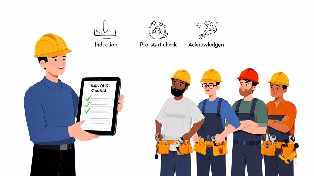 Man in hard hat displays a digital OHS checklist to construction workers, illustrating safety procedures.