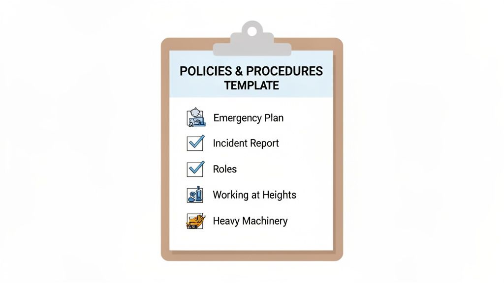Clipboard displaying a 'Policies & Procedures Template' with safety items: Emergency Plan, Incident Report, Roles, Working at Heights, Heavy Machinery.