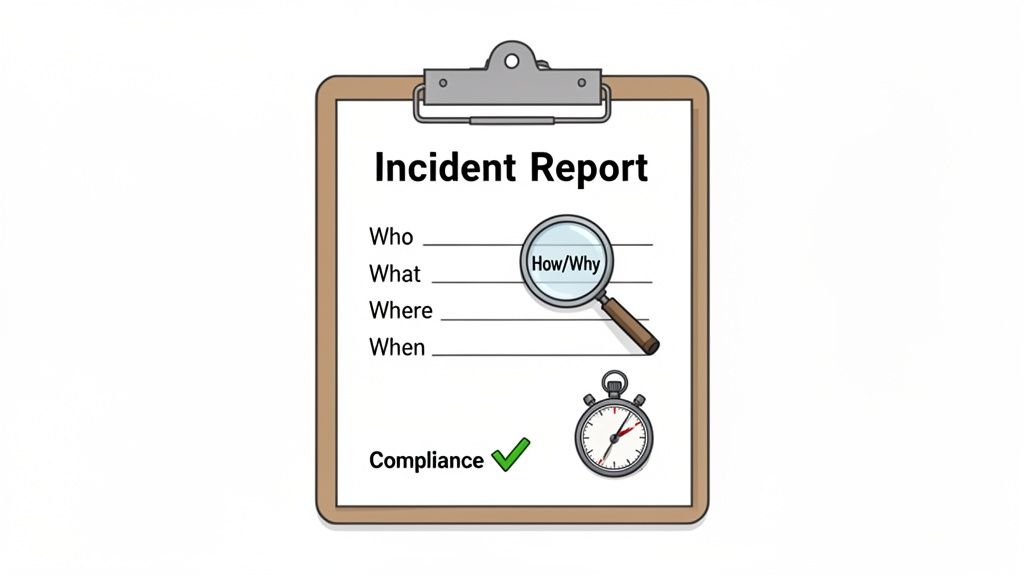 A clipboard with an incident report template, including Who, What, Where, When, How/Why, and Compliance.