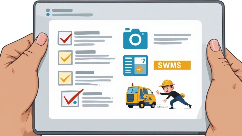 Hands hold a tablet showing an application with checklists, construction icons, and a worker with a yellow vehicle.
