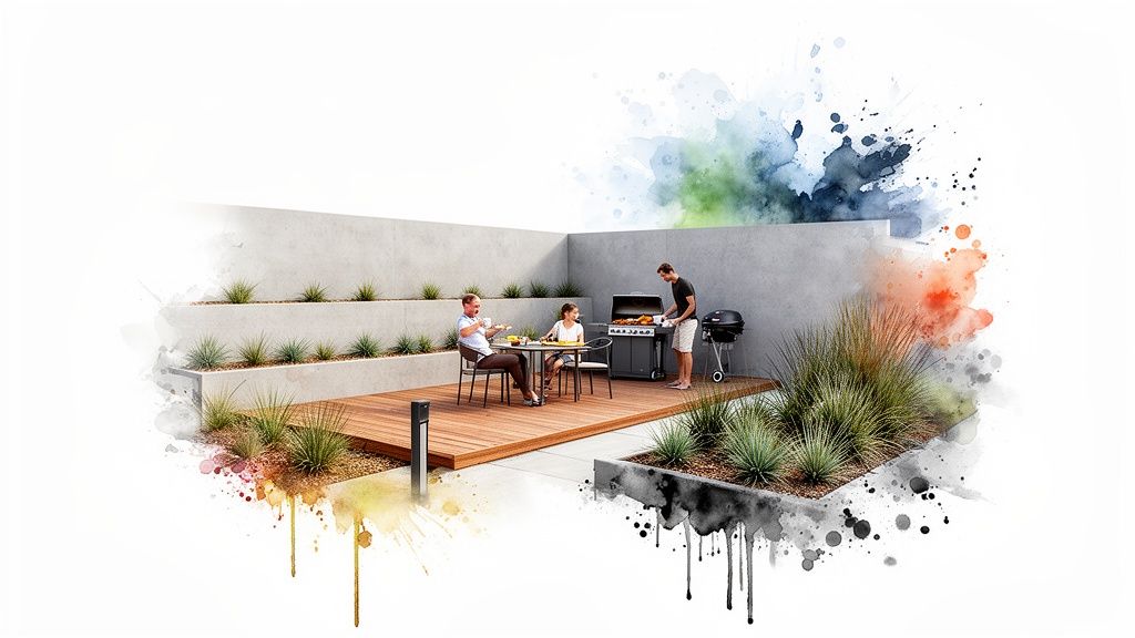 Family enjoys an outdoor BBQ on a modern wooden deck with tiered planters and sleek design.