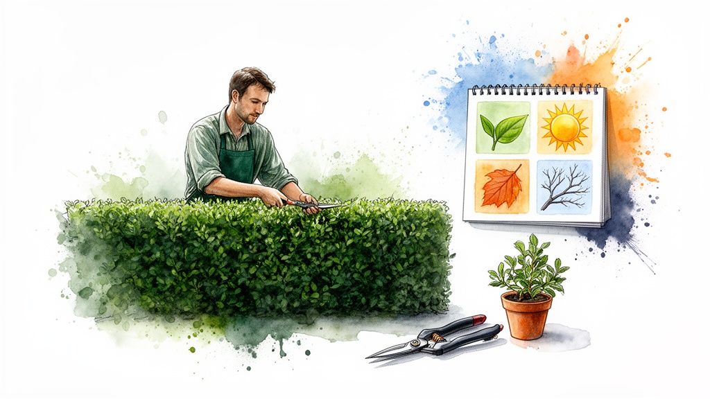 A man in an apron trims a lush green hedge with shears, beside a seasonal calendar and a potted plant.