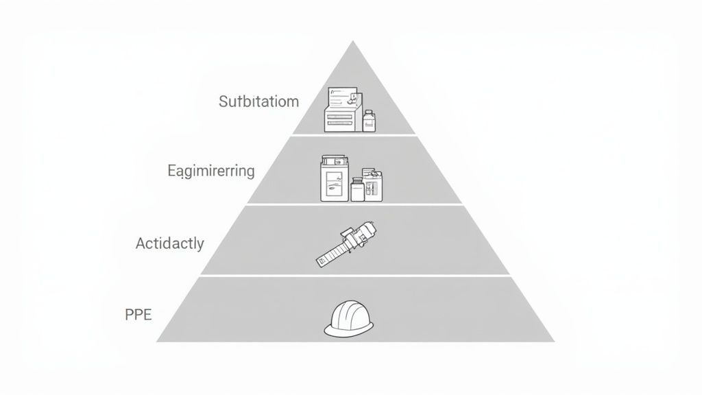 A four-tier pyramid displaying the Hierarchy of Controls for risk: Sutbitation, Eagimirerring, Actidactly, and PPE with icons.