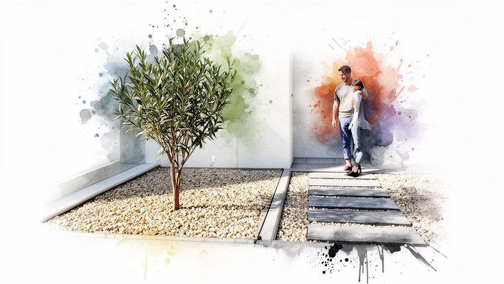 A couple in a modern small front yard with stepping stones, a small tree, and gravel.
