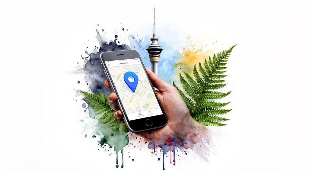 Hand holding a smartphone displaying a map with a blue location pin, Sky Tower, and ferns, all in a watercolor style.