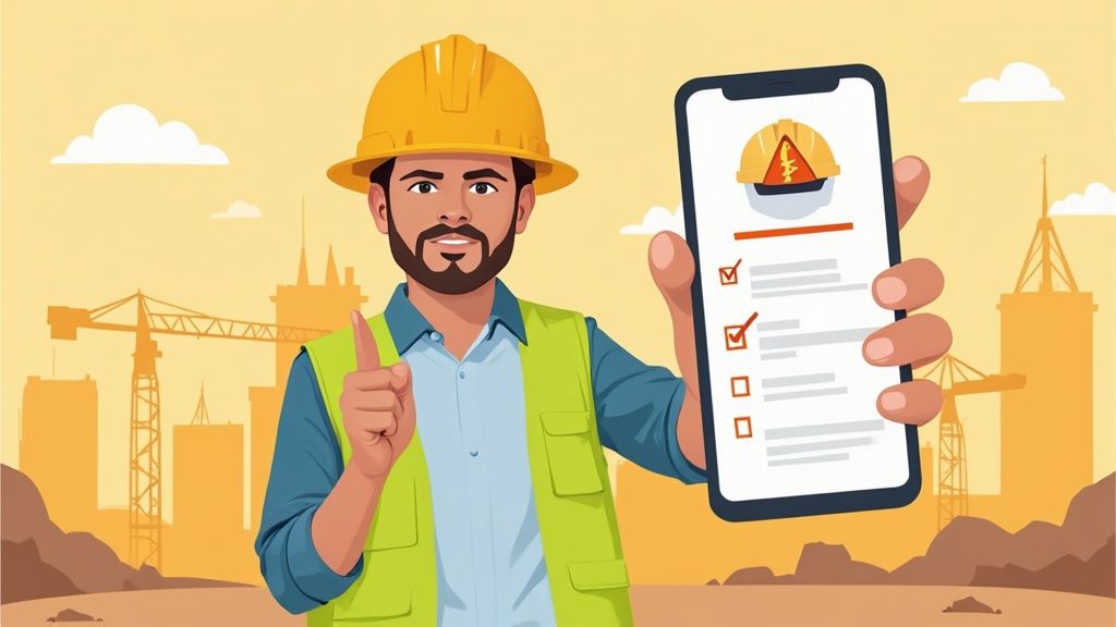 A construction manager in a high-vis vest reviews a safety checklist on a tablet inside a manufacturing facility.