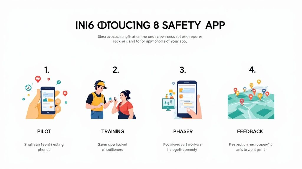 Illustrations depict a four-step process for a worker safety app: pilot, training, phaser, and feedback.