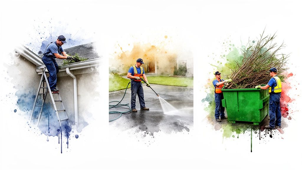 Three scenes of home exterior maintenance: gutter cleaning, pressure washing, and yard waste disposal.