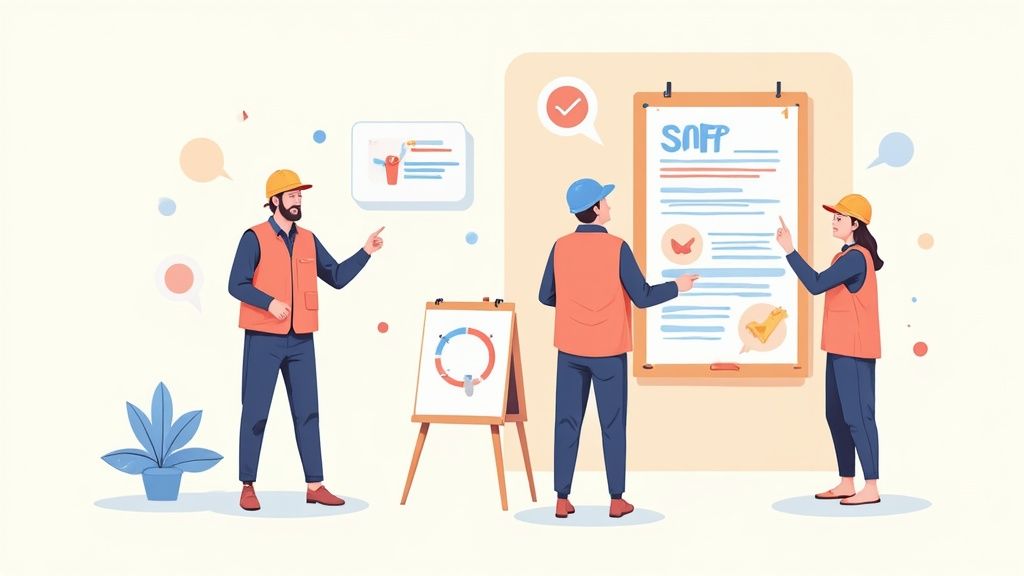 Construction workers in safety gear reviewing and discussing safe operating procedure document on clipboard