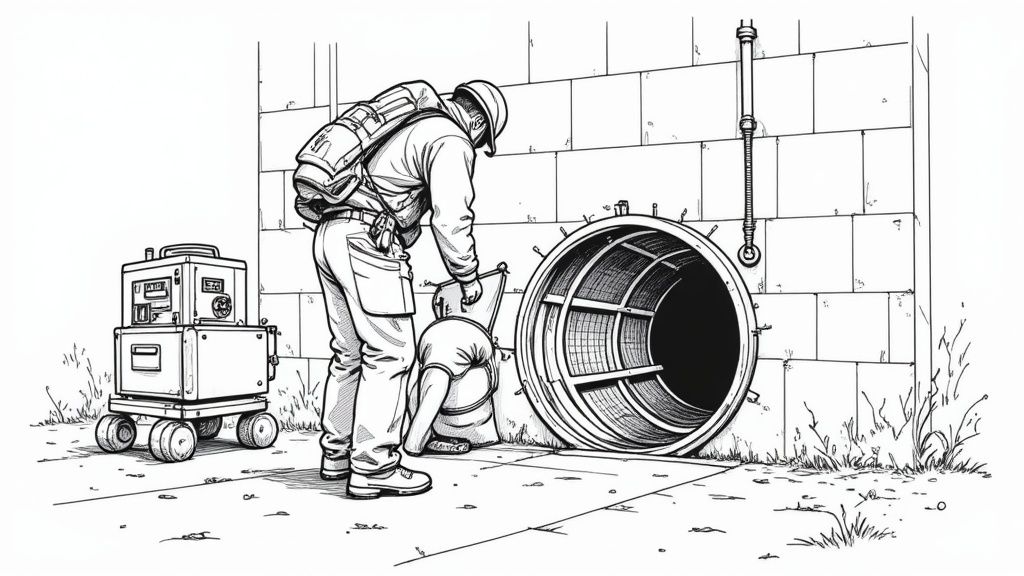 A worker in a blue uniform and hard hat preparing to enter a confined space manhole, with safety equipment and an atmospheric monitor nearby.
