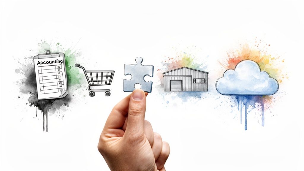 A hand holds a puzzle piece, connecting business icons like accounting, shopping cart, warehouse, and cloud computing.