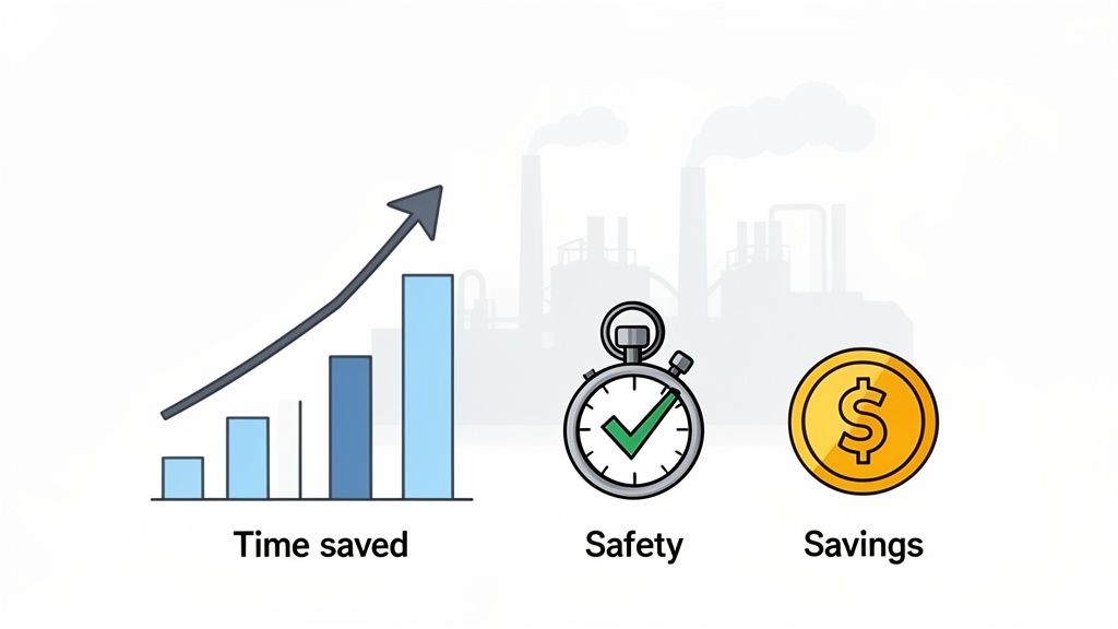 Graphs and icons illustrating increased time saved, enhanced safety, and financial benefits in an industrial setting.