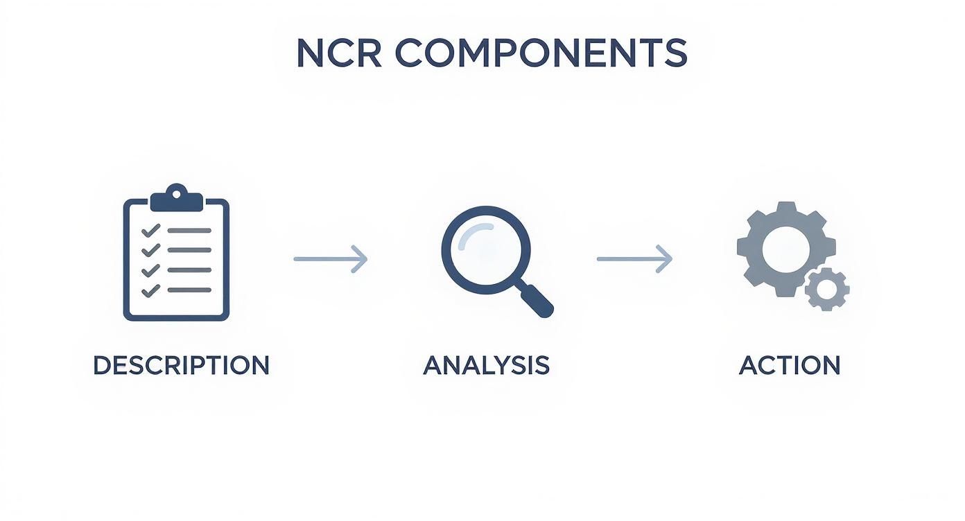 A diagram illustrating the three NCR components: description, analysis, and action steps.